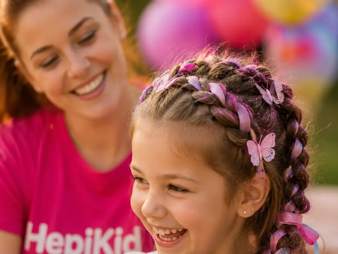HepiKid animatorka spletla pisane kitke z bleščicami in metuljčki deklici na rojstnem dnevu