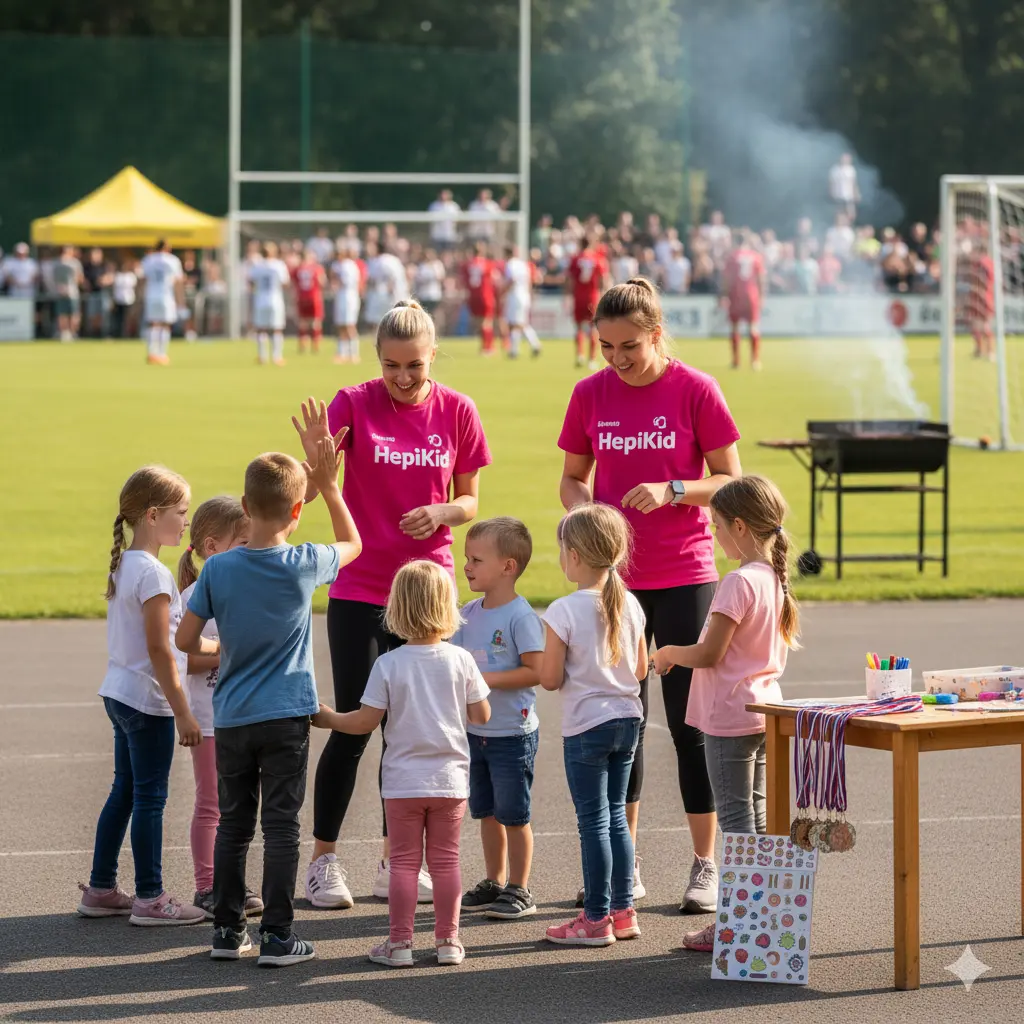 HepiKid animatorke z otroki ob robu nogometnega igrišča na otroškem turnirju