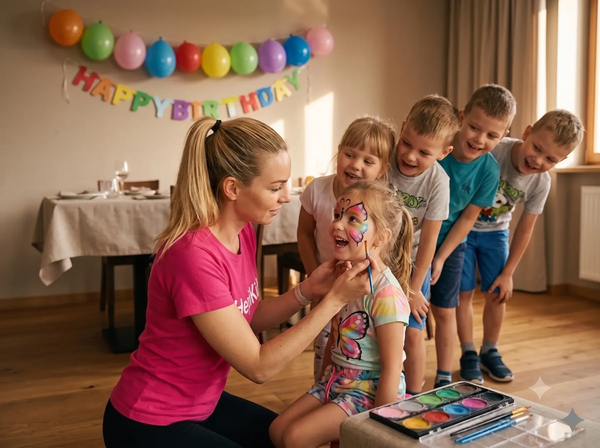 HepiKid animatorka poslikava obraza otrok na rojstnodnevni zabavi v gostilni