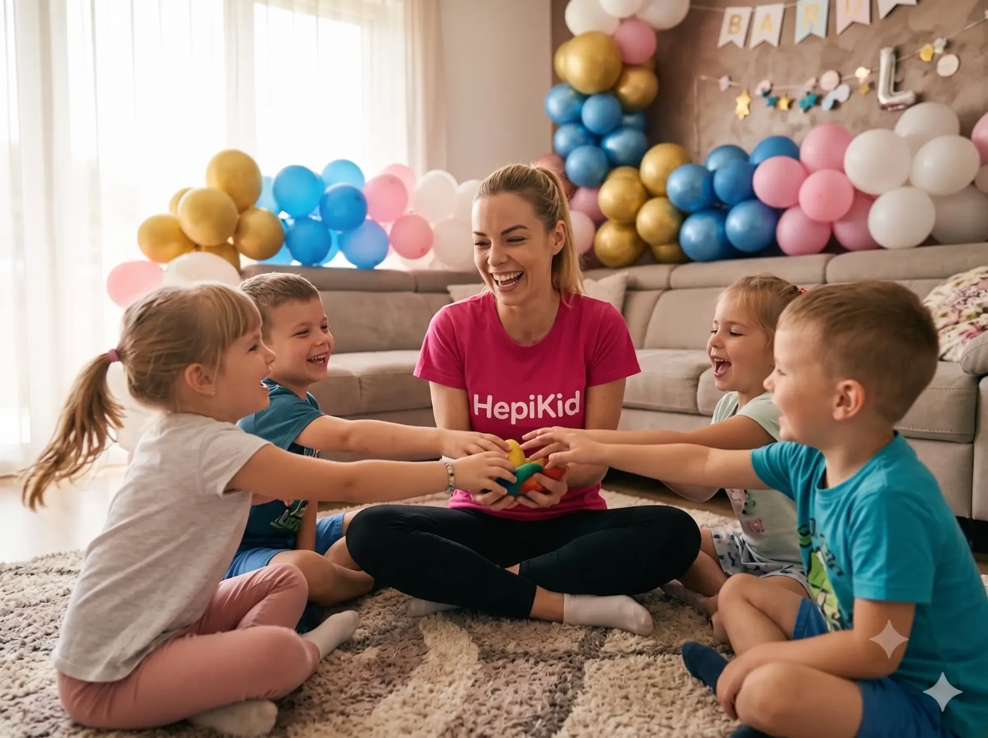 HepiKid animatorka vodi igro z otroki na rojstnodnevni zabavi