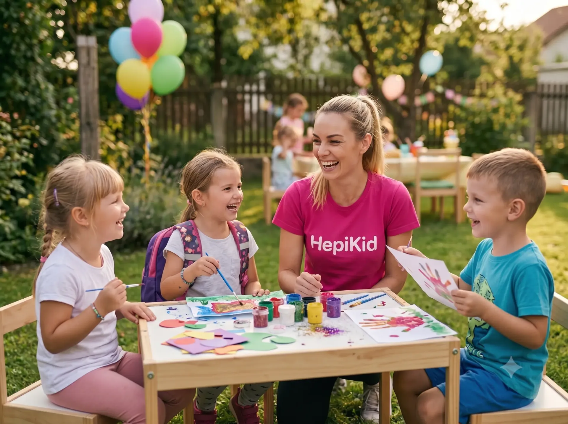 HepiKid animatorka z otroki na ustvarjalni delavnici na rojstnem dnevu