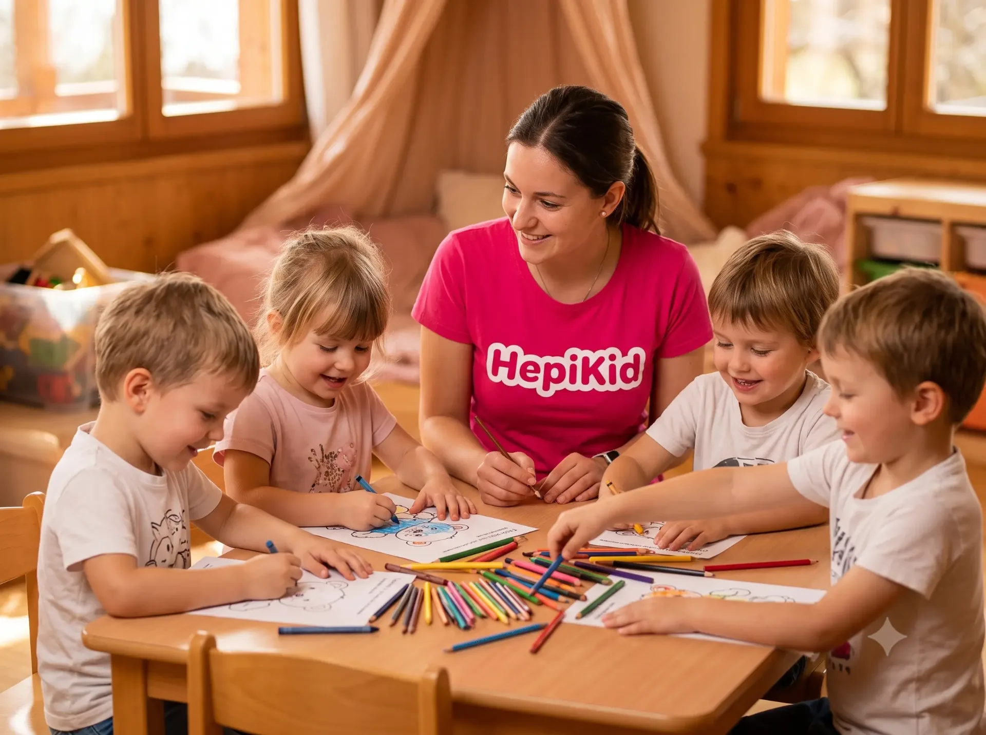 HepiKid animatorka in otroci skupaj barvajo pobarvanke