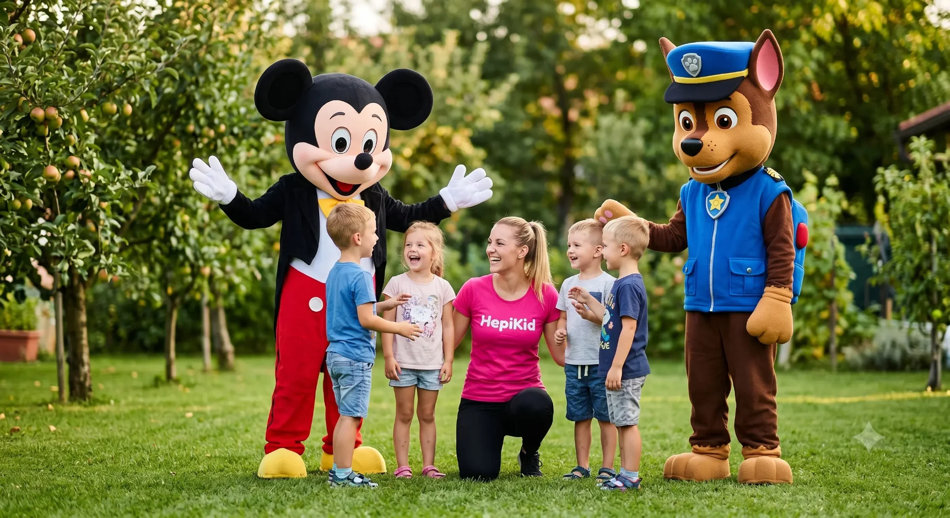 HepiKid maskote Miki Miška in Tačka na patrulji z animatorko in otroki na rojstnem dnevu
