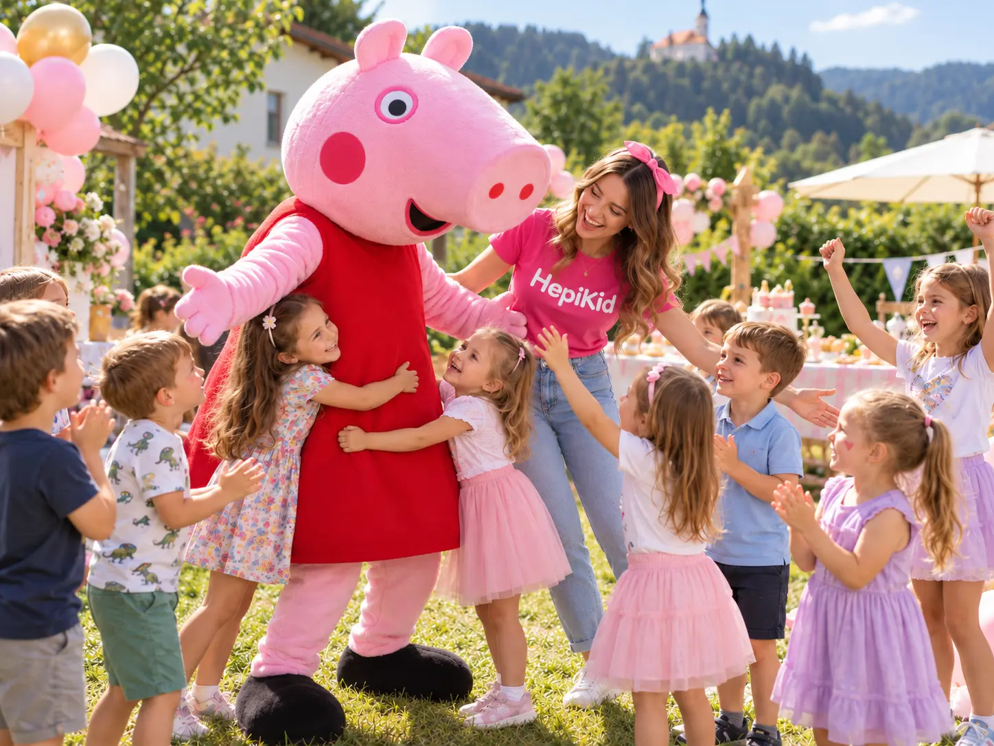Vesela Pujsa in animatorka HepiKid med otroki na rojstnodnevni zabavi