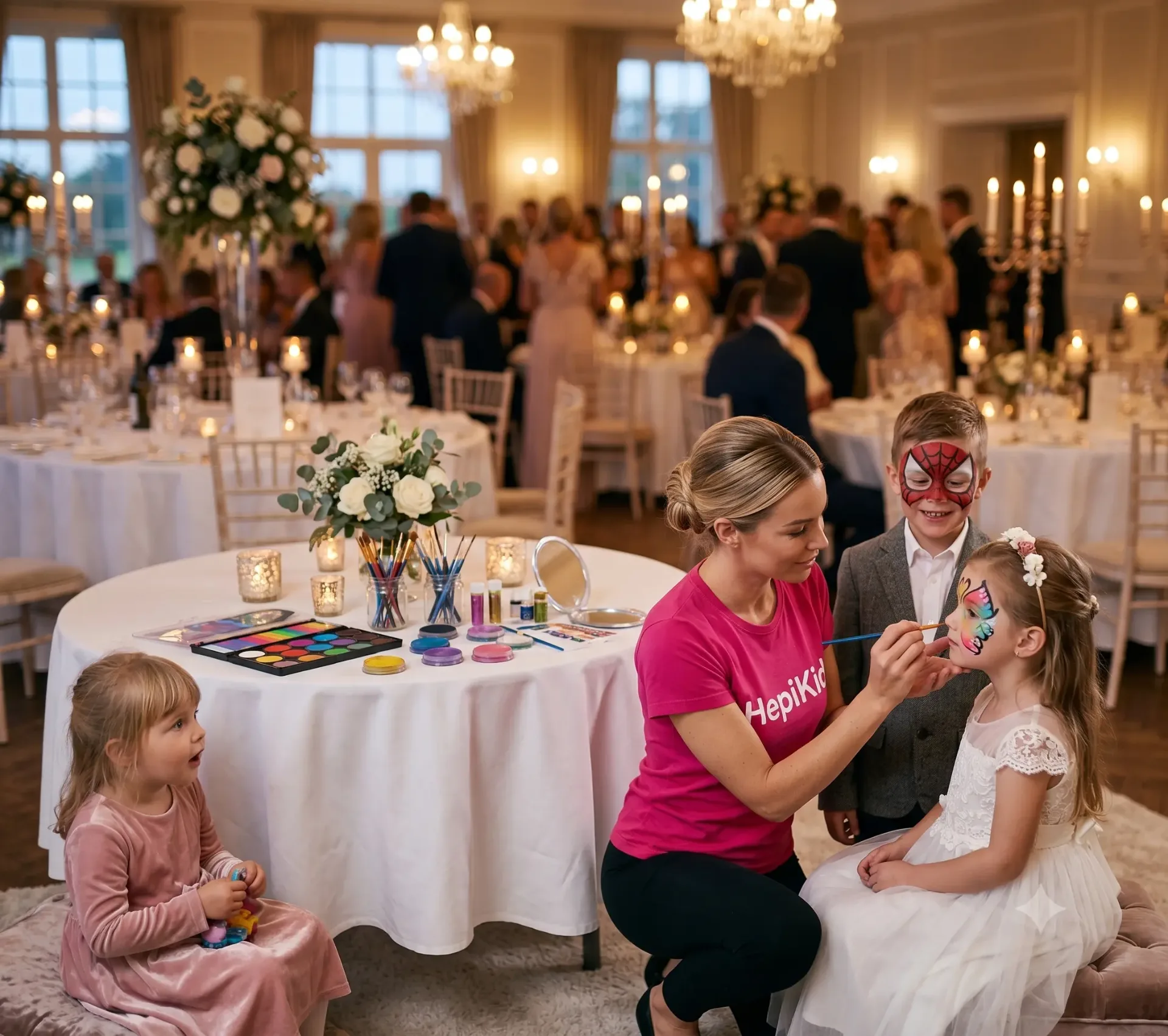 HepiKid animatorka poslikuje obraz deklice na elegantni poroki v Sloveniji