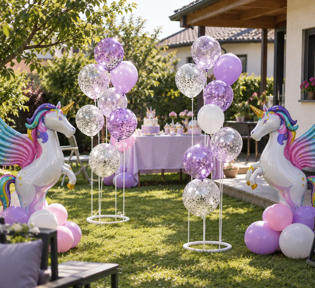Vijolični in srebrni baloni na dekorativnih stojalih