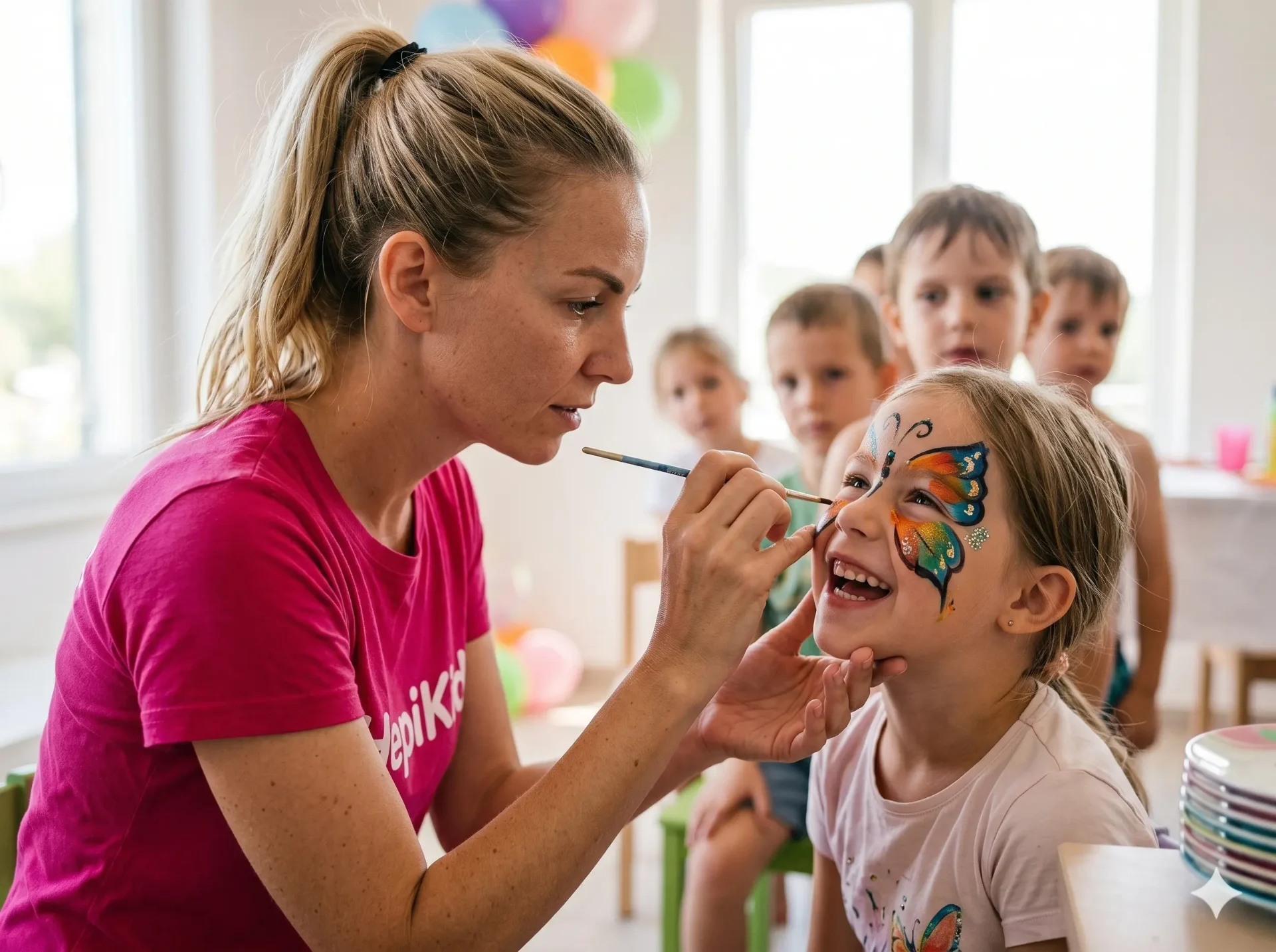 HepiKid animatorka pri poslikavi obraza – metulj na obrazu deklice