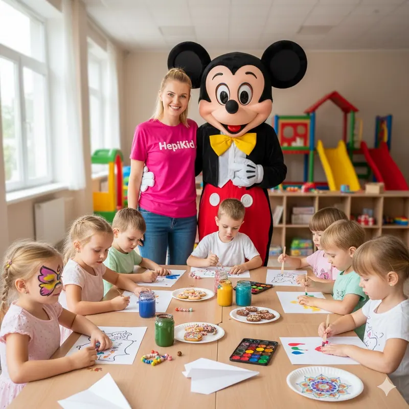 Maskota Miki Miška z otroki na ustvarjalni delavnici HepiKid