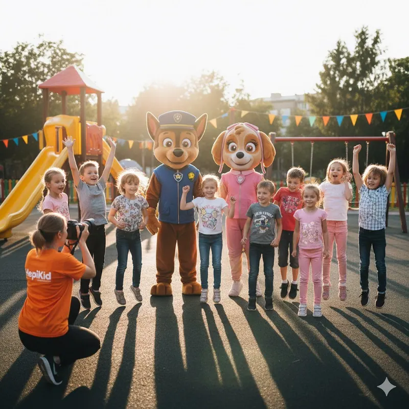 Maskoti Tačka na patrulji s skupino veselih otrok na igrišču