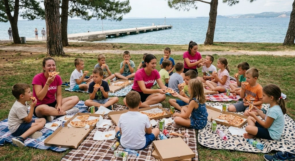 Otroci na kosilu s pico na plaži pod borovci