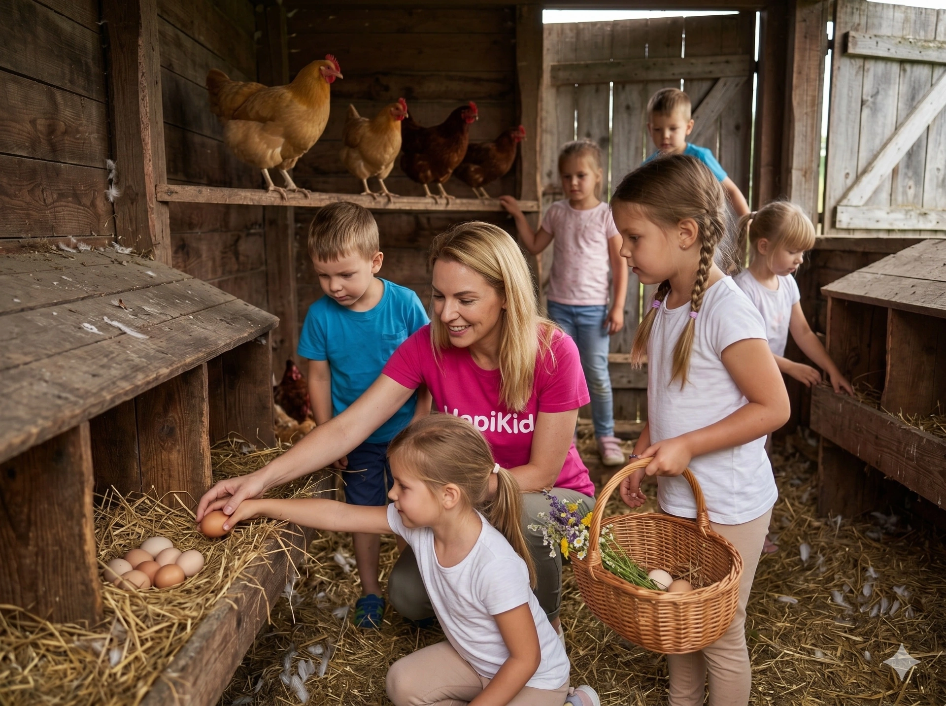 Otroci pobirajo sveža jajčka v kurniku skupaj z animatorko