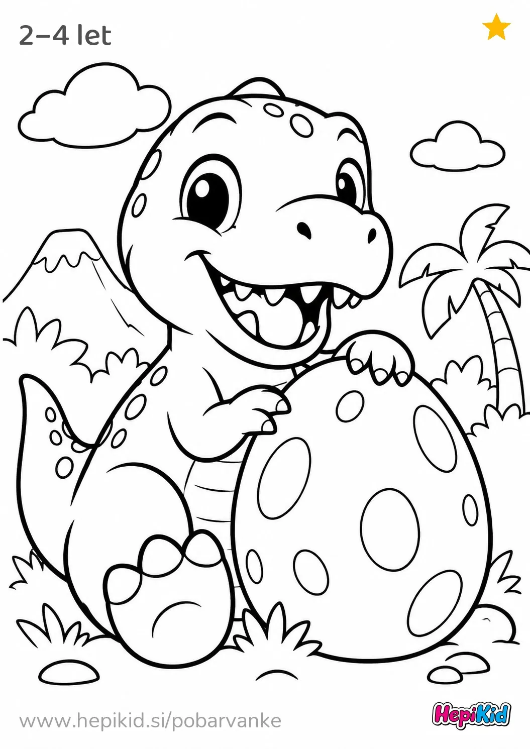 Kawaii pobarvanka: T-Rex z enim velikim jajcem za otroke od 2–4 leta