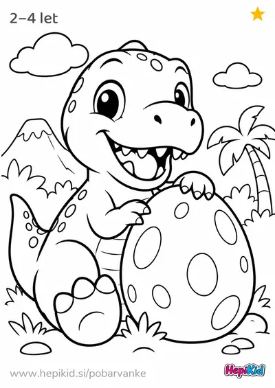 Kawaii pobarvanka: T-Rex z enim velikim jajcem za otroke od 2–4 leta