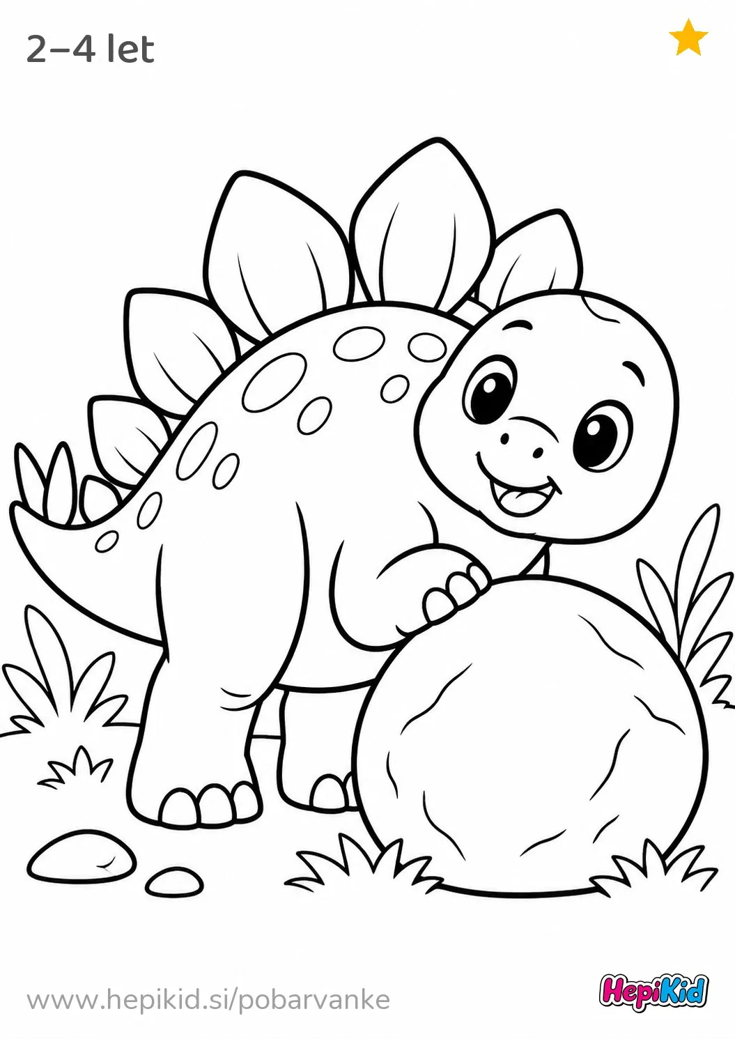 Kawaii pobarvanka: Stegozaver z okroglim kamnom za otroke od 2–4 leta
