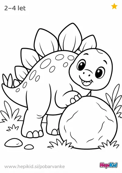 Kawaii pobarvanka: Stegozaver z okroglim kamnom za otroke od 2–4 leta