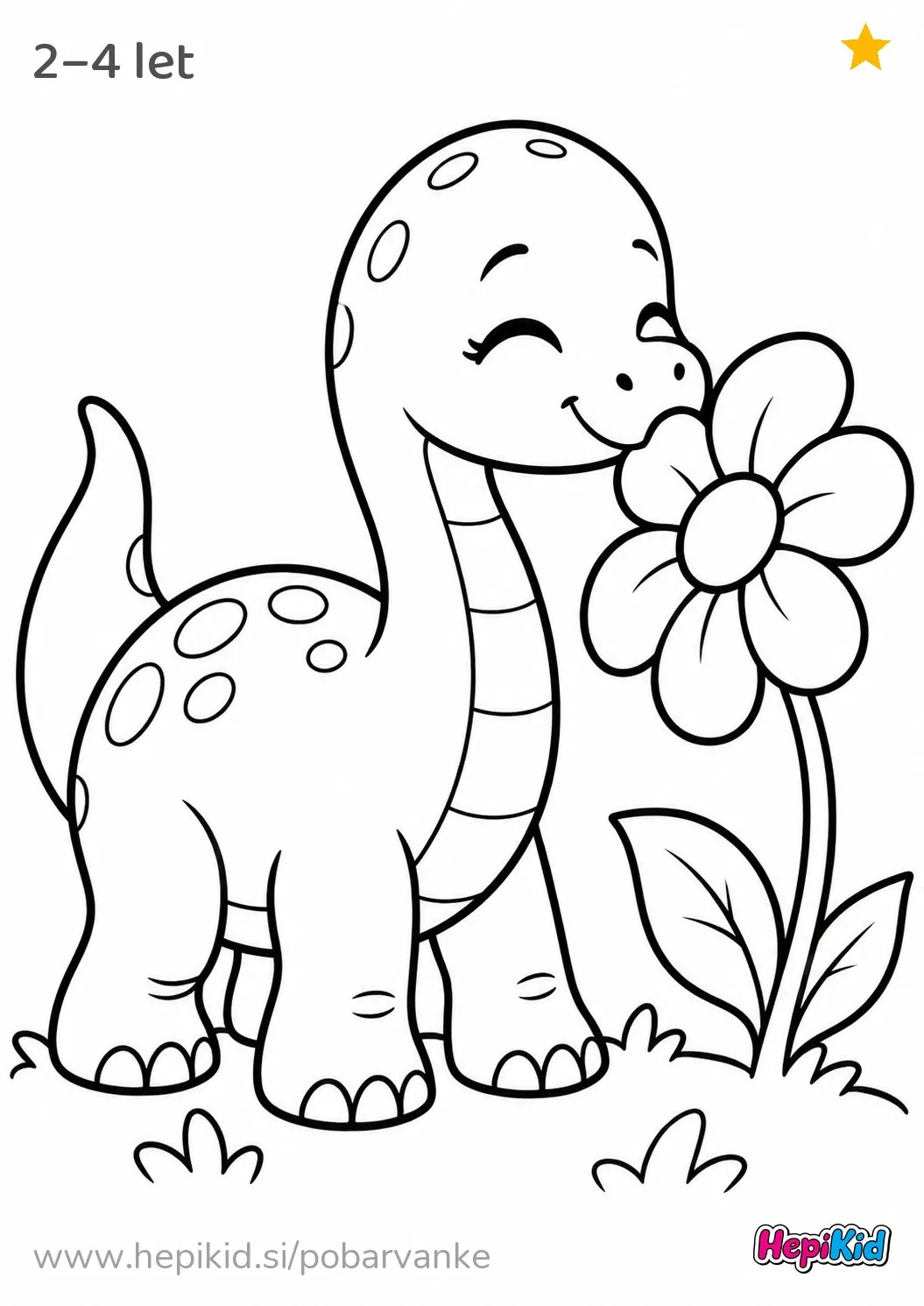 Kawaii pobarvanka: Dinozaver z enim cvetom za otroke od 2–4 leta