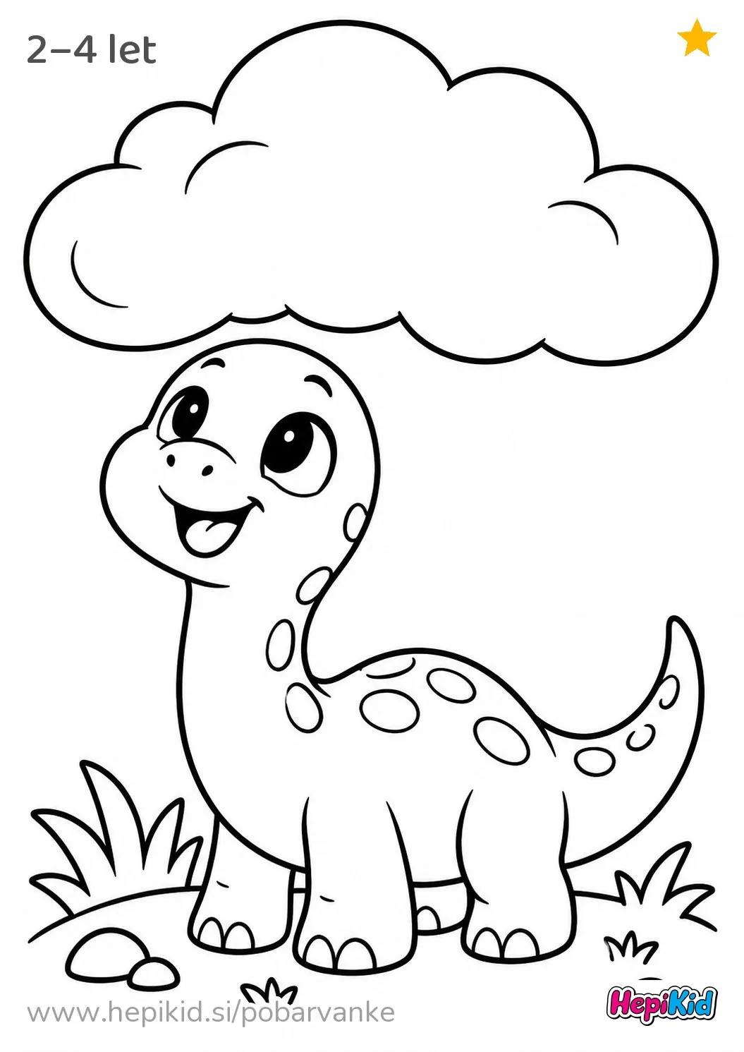 Kawaii pobarvanka: Dinozaver pod enim oblakom za otroke od 2–4 leta