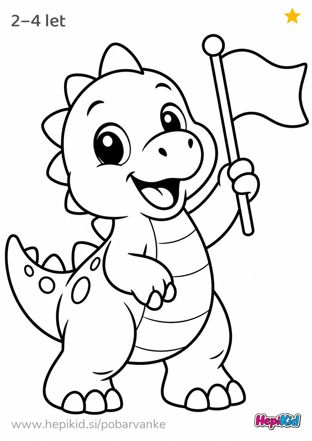 Kawaii pobarvanka: Dinozaver z majhno zastavico za otroke od 2–4 leta