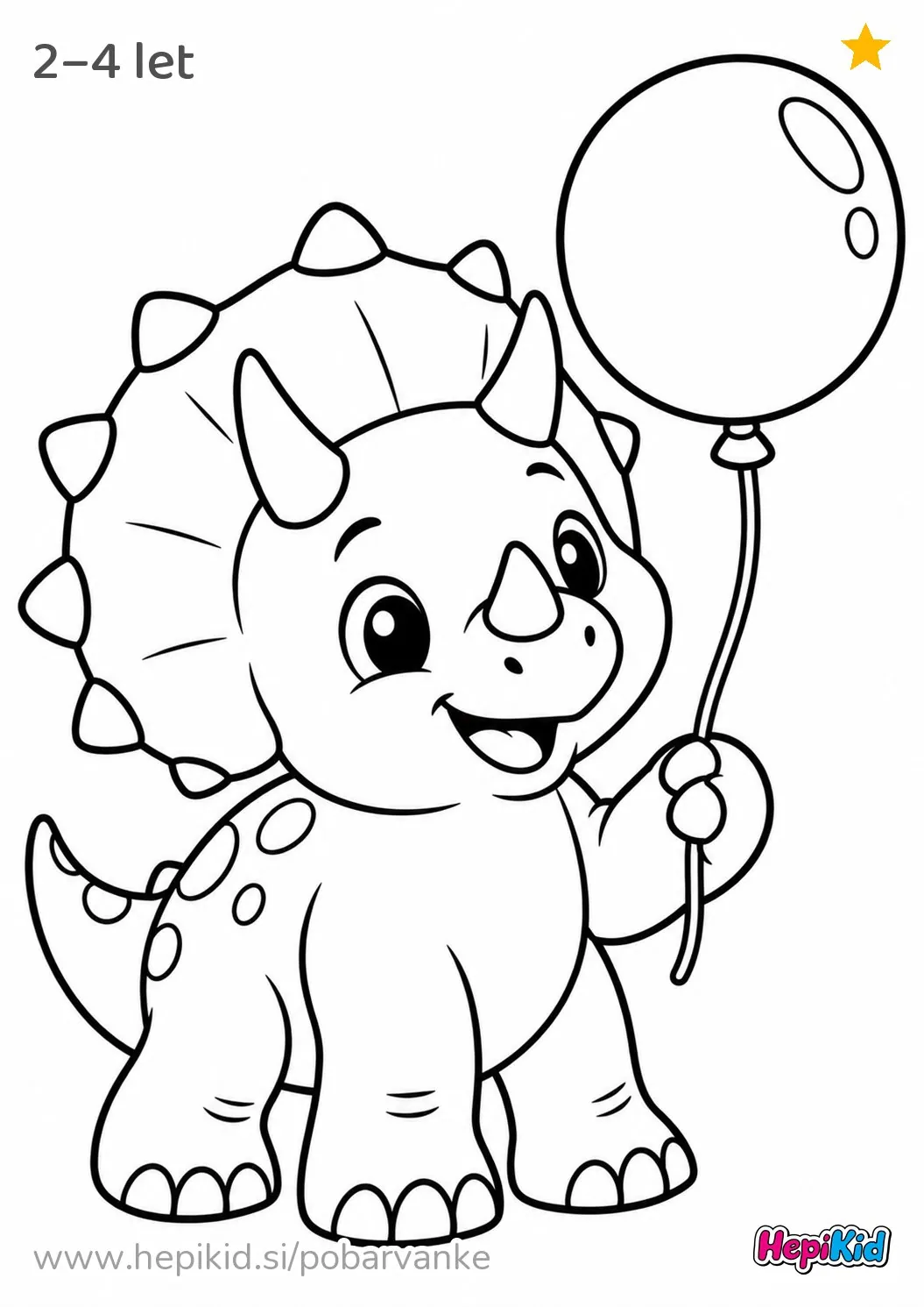 Kawaii pobarvanka: Triceratops z okroglim balonom za otroke od 2–4 leta