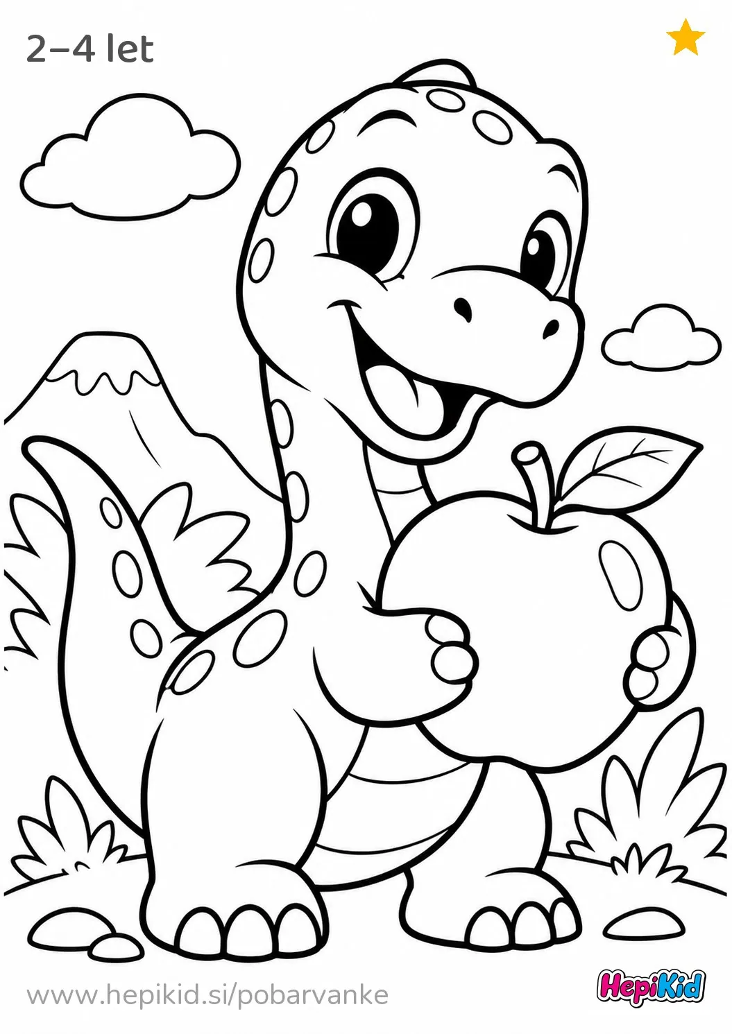 Kawaii pobarvanka: Dinozaver z enim jabolkom za otroke od 2–4 leta