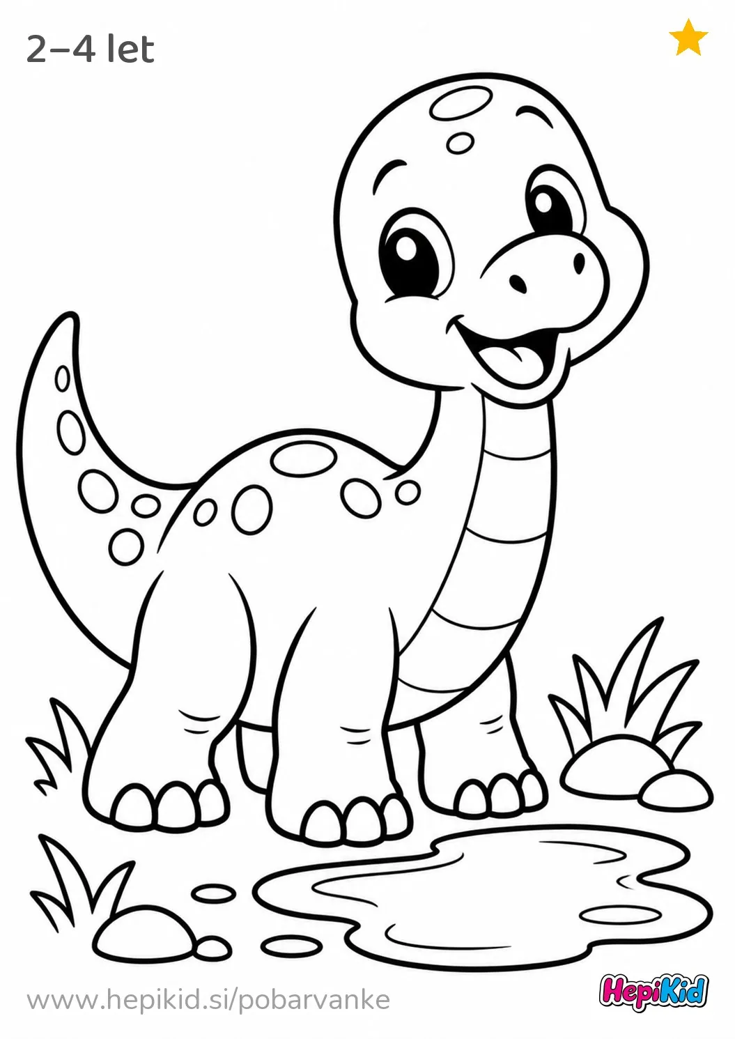 Kawaii pobarvanka: Dinozaver ob lužici za otroke od 2–4 leta