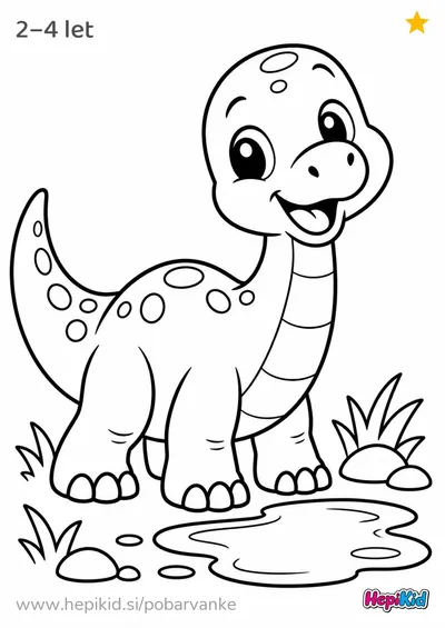 Kawaii pobarvanka: Dinozaver ob lužici za otroke od 2–4 leta