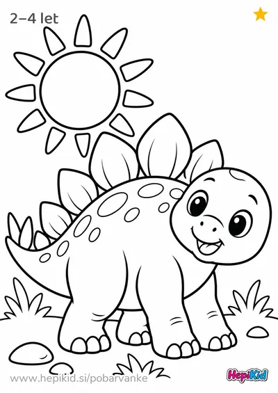 Kawaii pobarvanka: Stegozaver in sonce za otroke od 2–4 leta