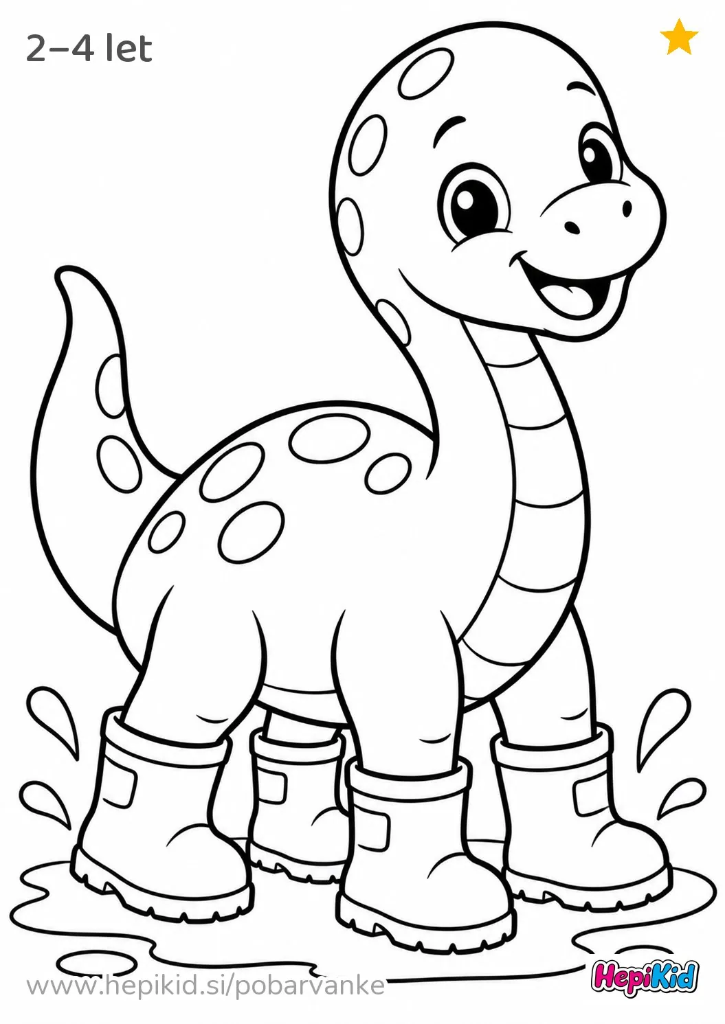 Kawaii pobarvanka: Dinozaver z dežnimi škornji za otroke od 2–4 leta