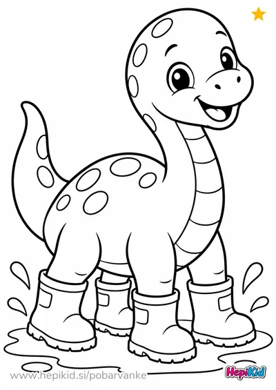 Dolgovrati dinozaver ima na vseh štirih nogah škornje in stoji v luži.
