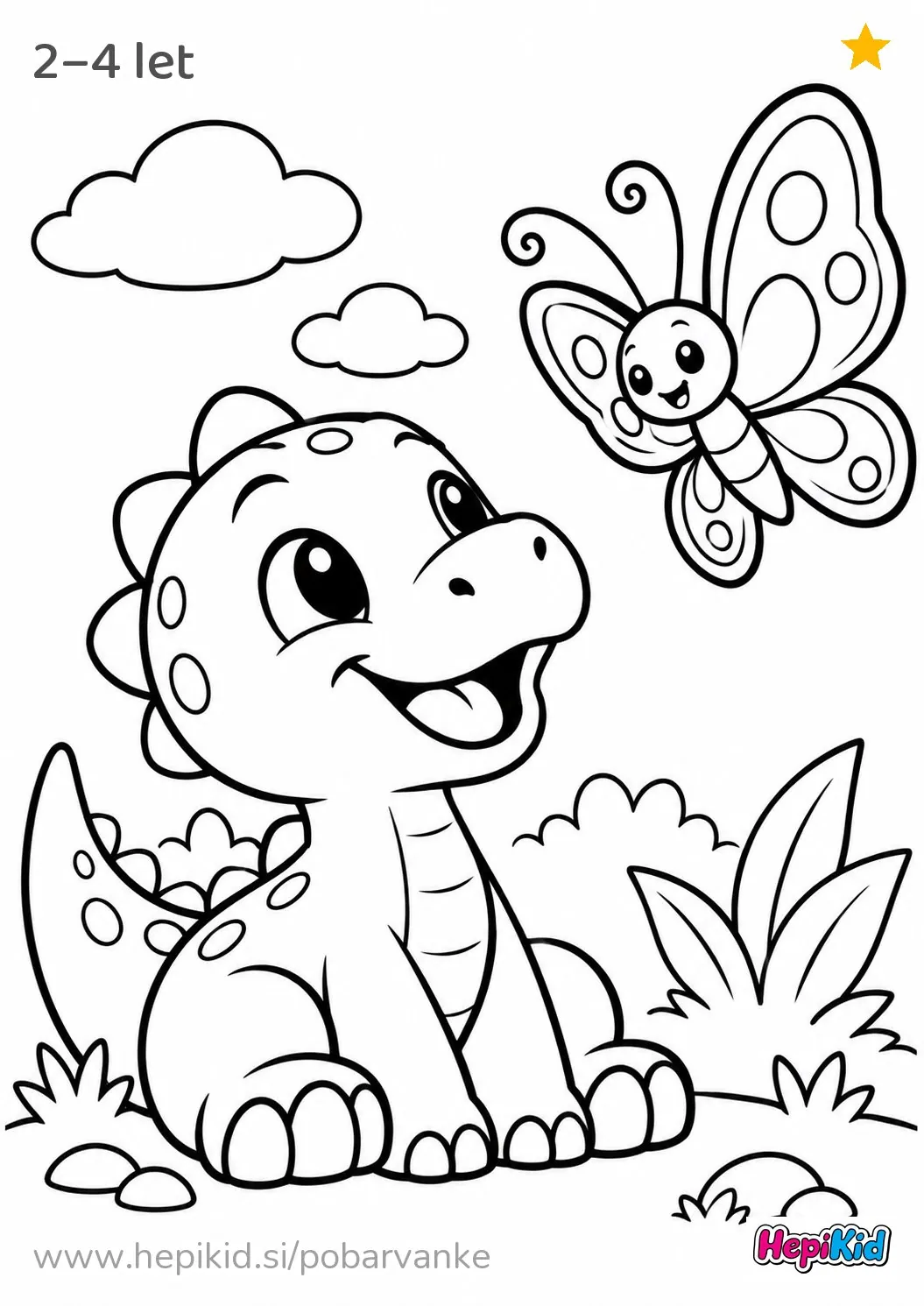 Kawaii pobarvanka: Dinozaver z enim metuljem za otroke od 2–4 leta