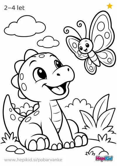 Kawaii pobarvanka: Dinozaver z enim metuljem za otroke od 2–4 leta
