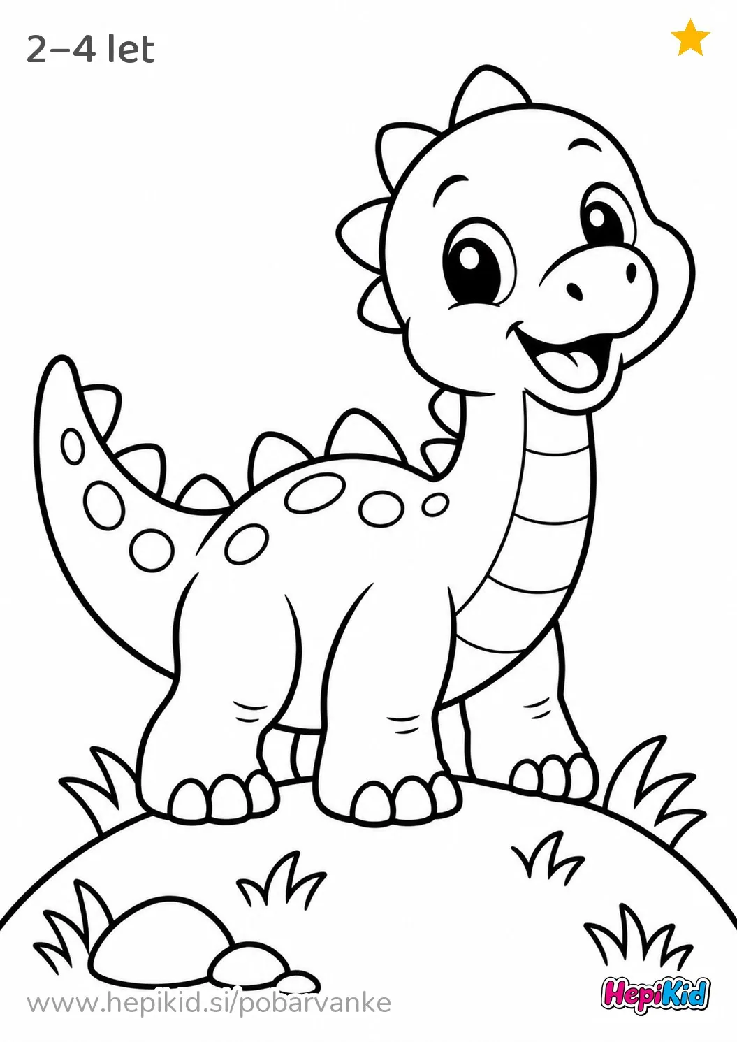 Kawaii pobarvanka: Dinozaver na majhnem hribu za otroke od 2–4 leta
