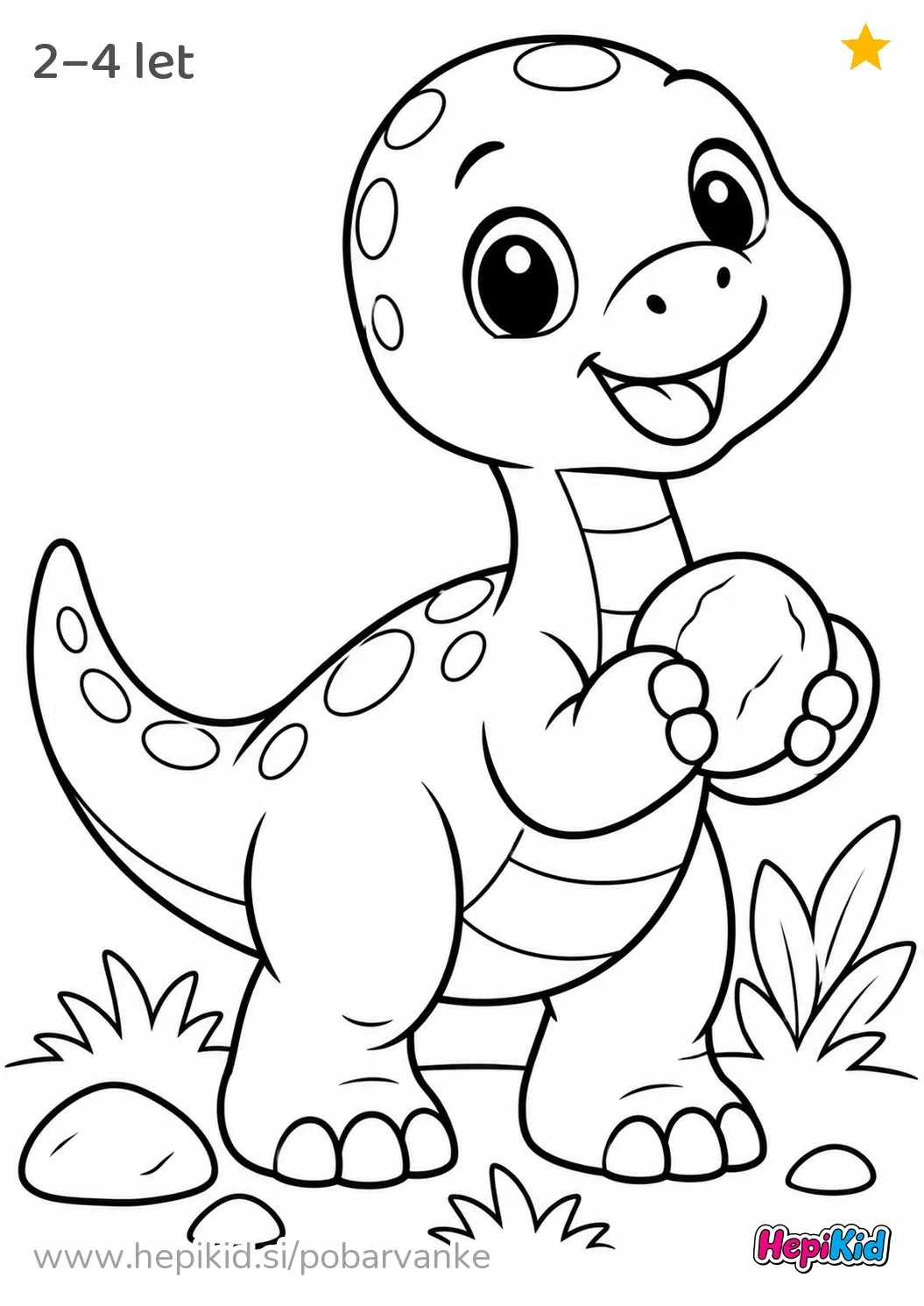 Kawaii pobarvanka: Dinozaver z okroglim kamnom za otroke od 2–4 leta