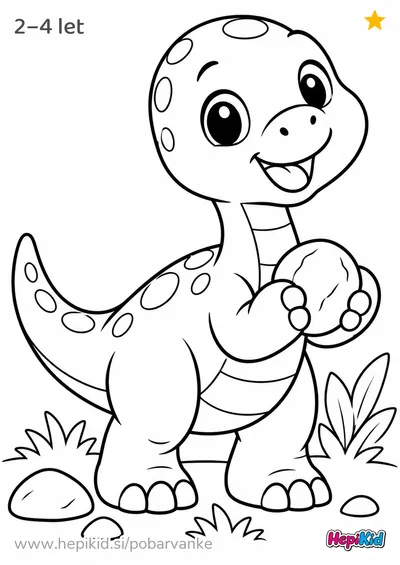 Kawaii pobarvanka: Dinozaver z okroglim kamnom za otroke od 2–4 leta