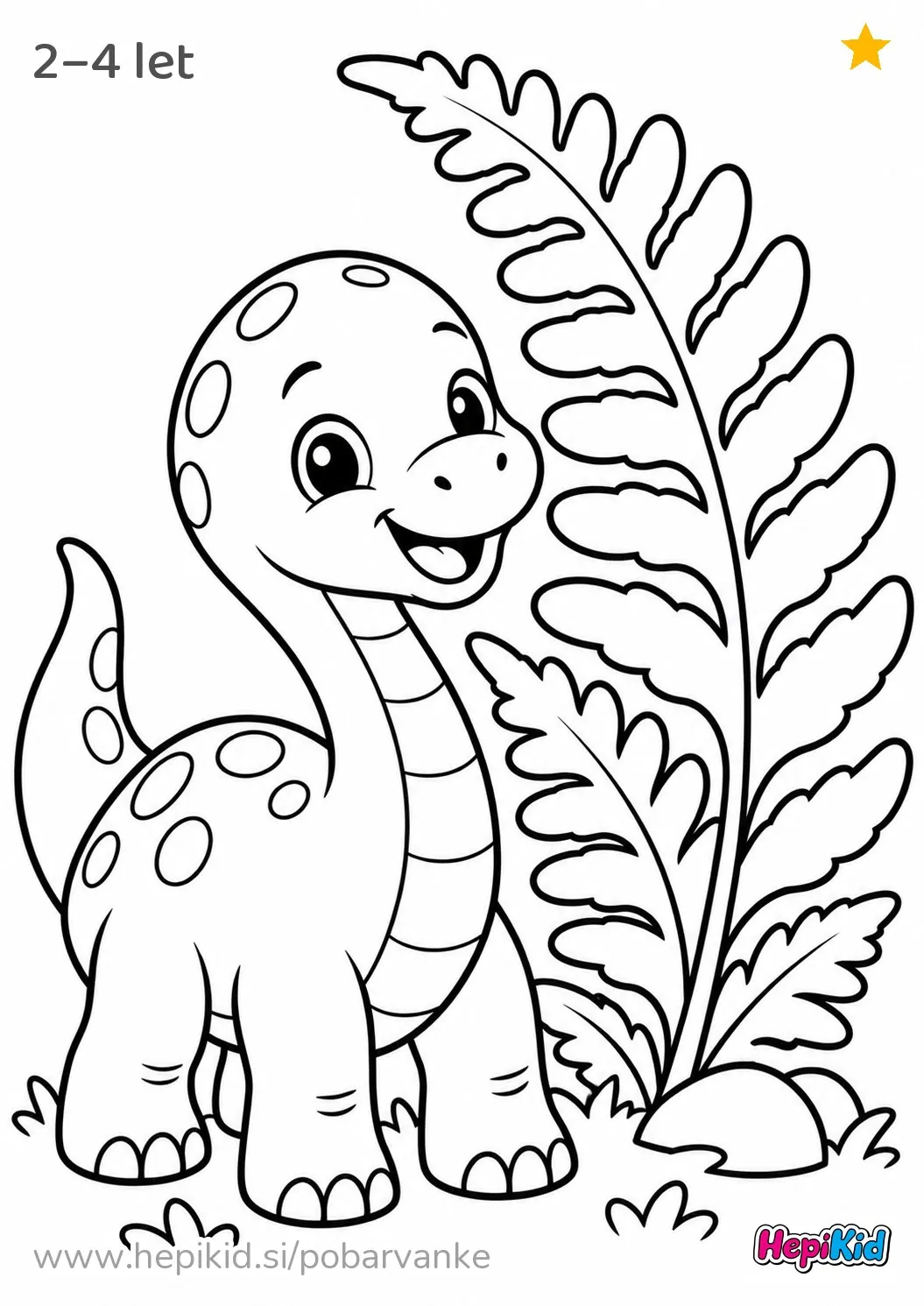 Kawaii pobarvanka: Dinozaver in velika praprot za otroke od 2–4 leta