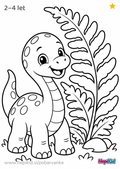 Kawaii pobarvanka: Dinozaver in velika praprot za otroke od 2–4 leta