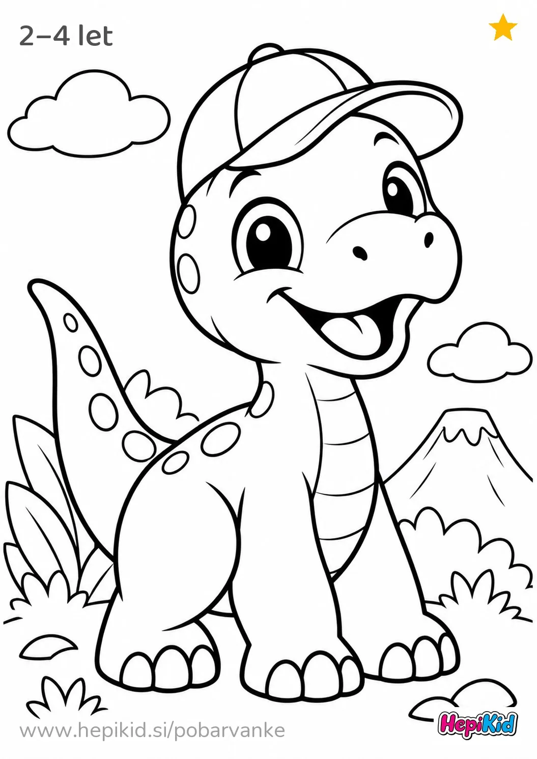 Kawaii pobarvanka: Dinozaver s kapico za otroke od 2–4 leta