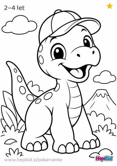 Kawaii pobarvanka: Dinozaver s kapico za otroke od 2–4 leta