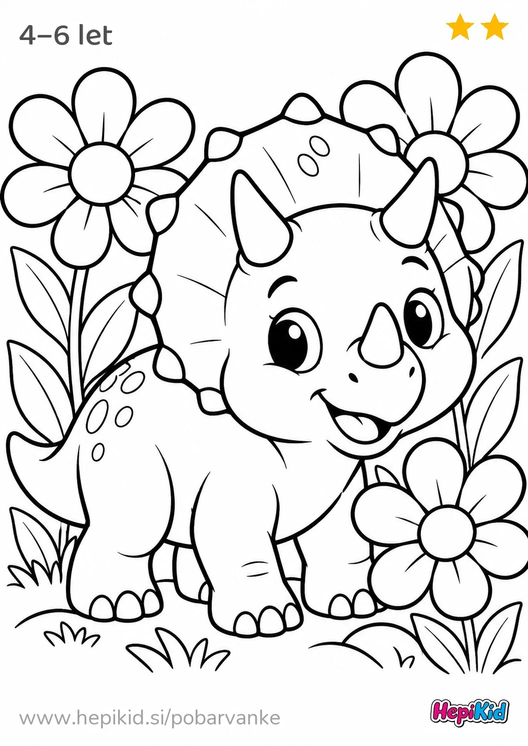 Kawaii pobarvanka: triceratops med rožami za otroke od 4–6 leta