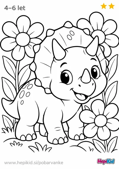 Kawaii pobarvanka: triceratops med rožami za otroke od 4–6 leta