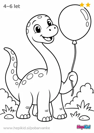 Kawaii pobarvanka: diplodok z balonom za otroke od 4–6 leta