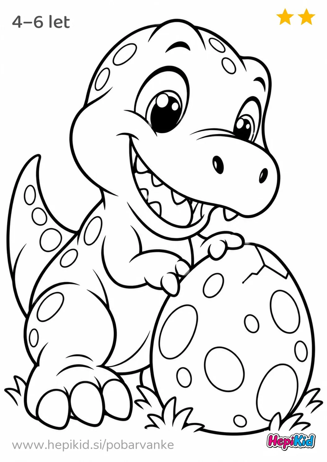 Kawaii pobarvanka: t-rex z jajcem za otroke od 4–6 leta