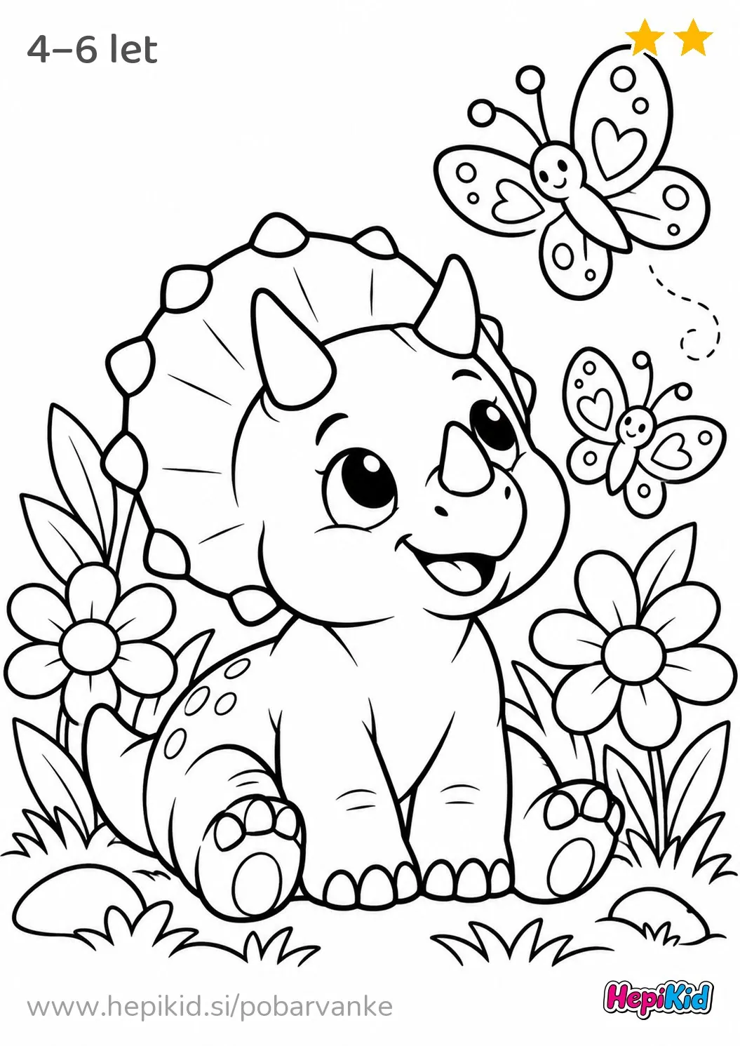 Kawaii pobarvanka: triceratops z metuljčkom za otroke od 4–6 leta