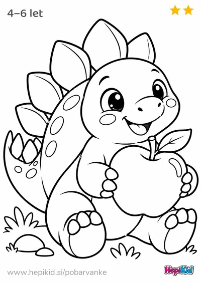 Kawaii pobarvanka: stegozaver z jabolkom za otroke od 4–6 leta