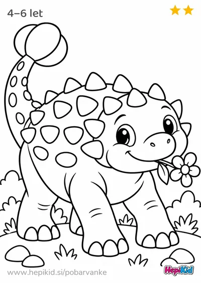 Kawaii pobarvanka: ankilozaver z rožo za otroke od 4–6 leta