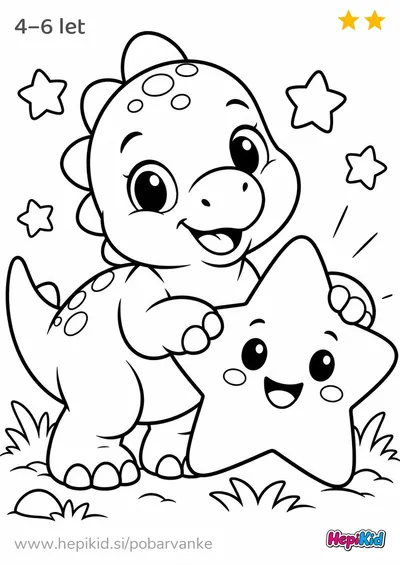 Kawaii pobarvanka: dinozaver z zvezdico za otroke od 4–6 leta