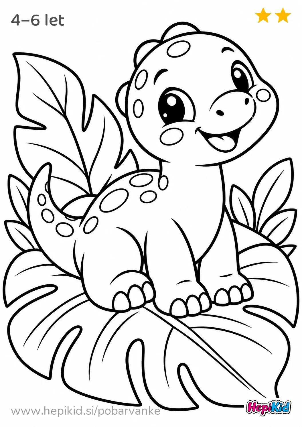 Kawaii pobarvanka: dinozaver na listu za otroke od 4–6 leta