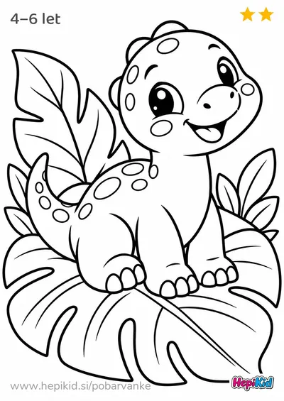 Kawaii pobarvanka: dinozaver na listu za otroke od 4–6 leta