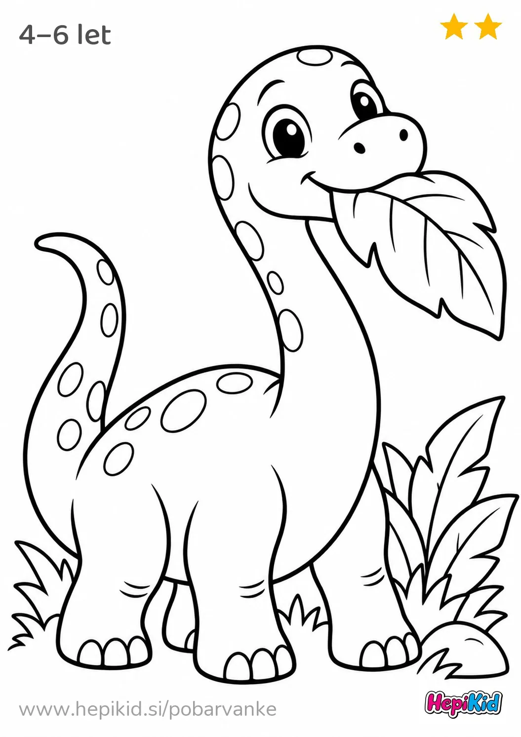 Kawaii pobarvanka: rastlinojedi dinozaver in list za otroke od 4–6 leta