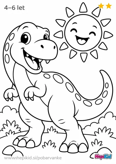 Kawaii pobarvanka: t-rex s soncem za otroke od 4–6 leta